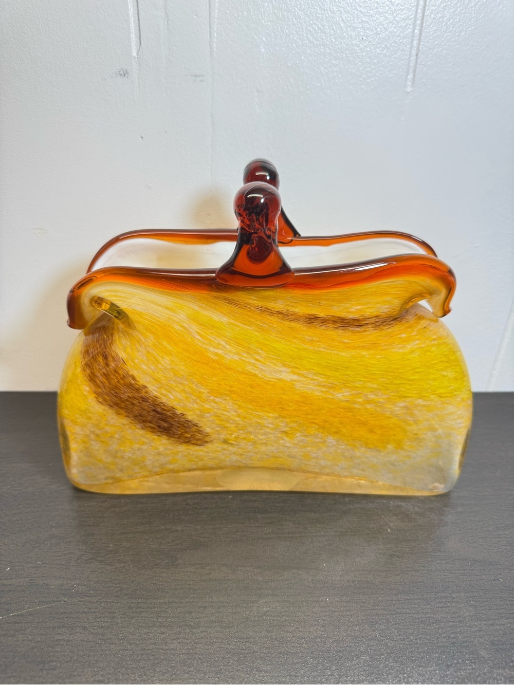 Vintage Murano Style Amber Color Studio Art Glass Purse/Bag Sculpture Vase